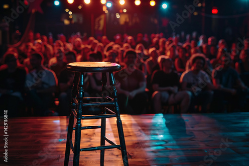 Vintage microphone on stage in a dimly lit comedy club, ready for a stand-up performance in an atmospheric setting – generative AI