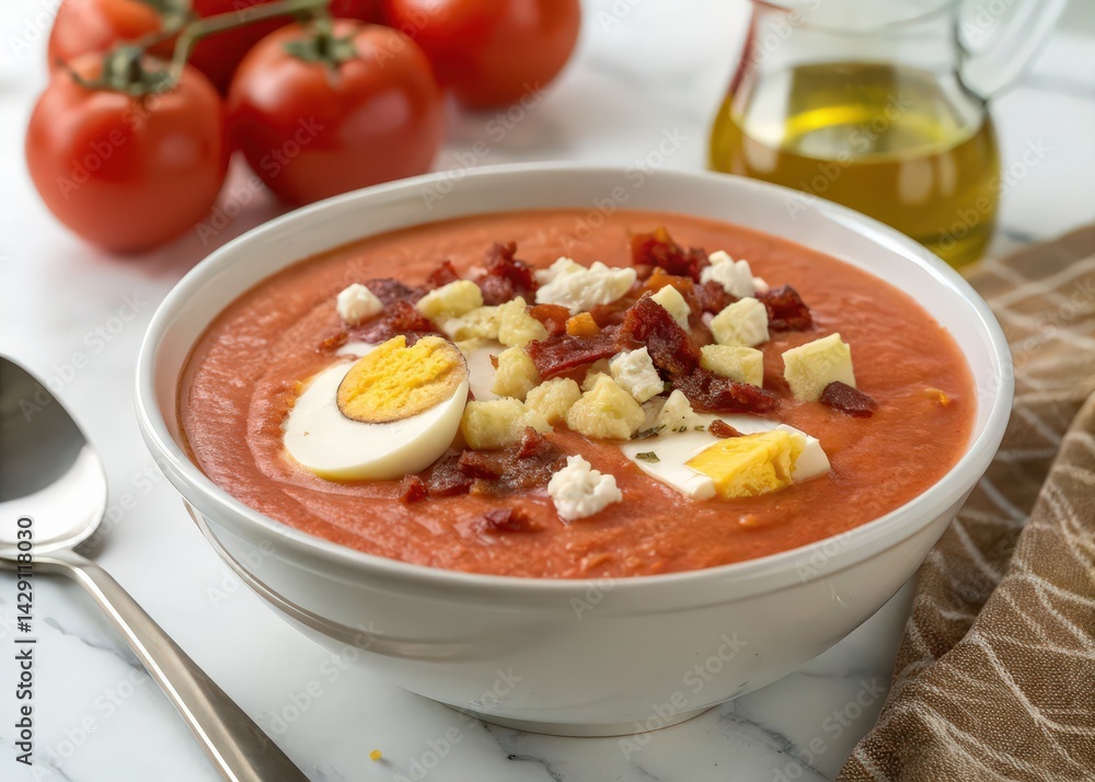 Bowl of red soup containing egg, bacon, and cheese. Bowl of red soup containing egg, bacon, and cheese.