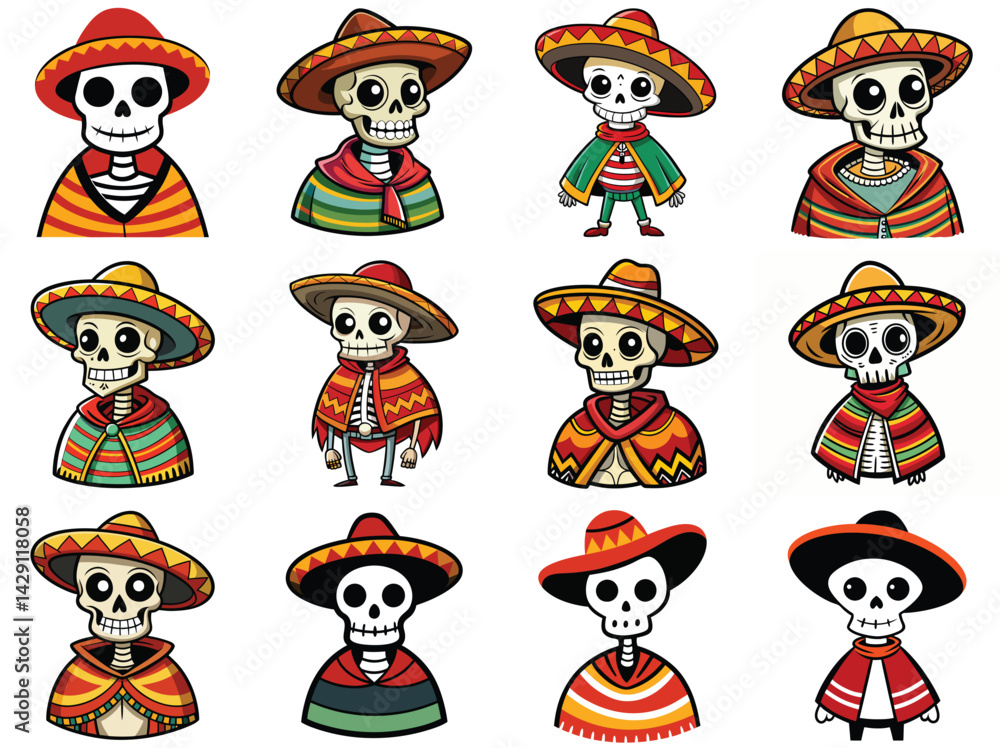 Obraz premium Skeleton with Sombrero and Poncho vector illustration isolated on white background.