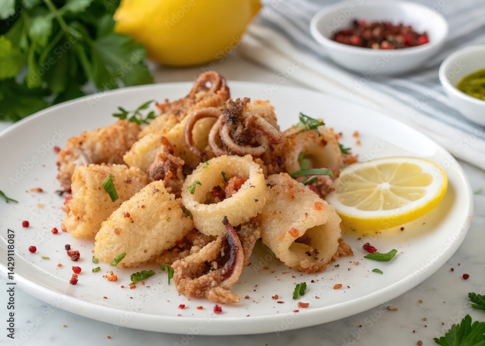 plate of fried calamari rings with lemon wedges, seasoned with red pepper flakes and parsley on white table. plate of fried calamari rings with lemon wedges, seasoned with red pepper flakes and parsley on white table.