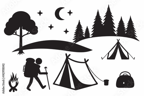 Night camping adventure silhouette with hiker campfire tent tree and moon