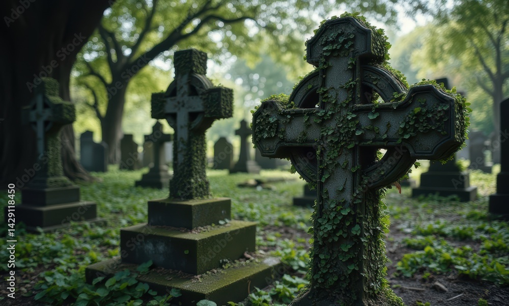 Ancient Celtic crosses covered in ivy, evoking a serene and mysterious atmosphere. Ancient Celtic crosses covered in ivy, evoking a serene and mysterious atmosphere.