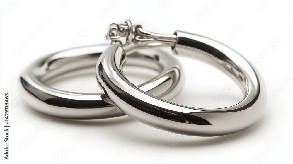 Sleek silver hoop earrings with seamless clasp, isolated on white background Sleek silver hoop earrings with seamless clasp, isolated on white background