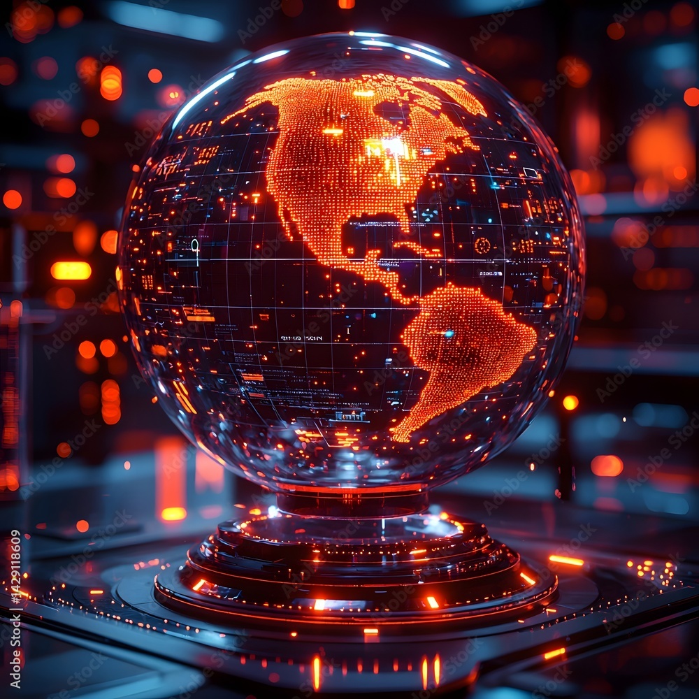 A holographic climate simulation globe in a futuristic laboratory