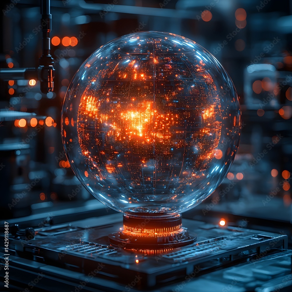Holographic climate simulations in a futuristic research laboratory