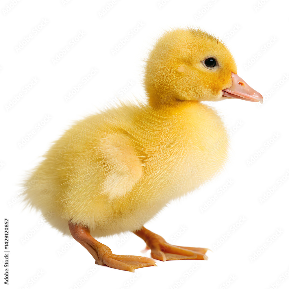 Adorable yellow duckling, fluffy feathers, orange beak, tiny webbed feet, side profile, white background, studio lighting, high detail, realistic texture, soft focus, cute baby animal Adorable yellow duckling, fluffy feathers, orange beak, tiny webbed feet, side profile, white background, studio lighting, high detail, realistic texture, soft focus, cute baby animal