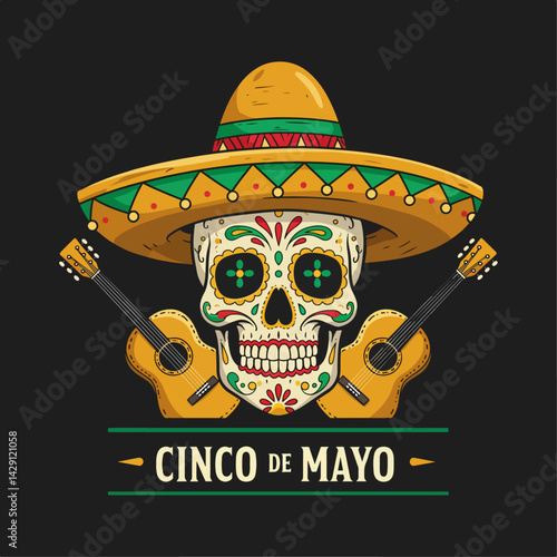 Vibrant Cinco de Mayo illustration featuring a decorated sugar skull with a sombrero, guitar and maracas on a dark background. A festive design perfect for Mexican holiday celebrations