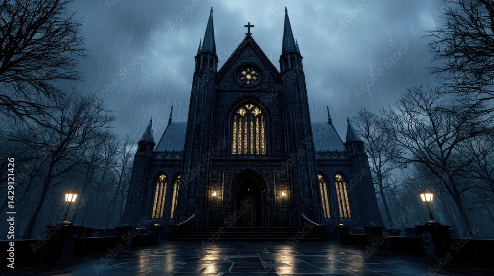 Obraz premium A large, dark church with a steeple and a cross on top