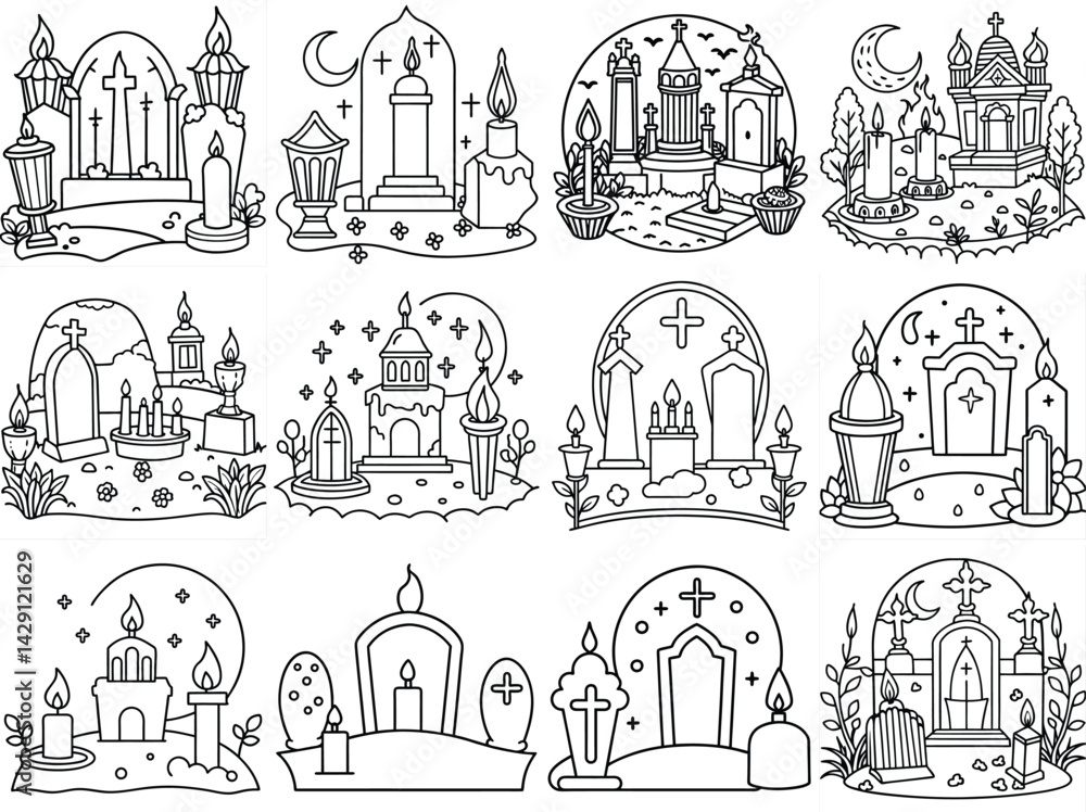 Fototapeta premium Candlelit graveyard scene outline vector illustration isolated on white background.