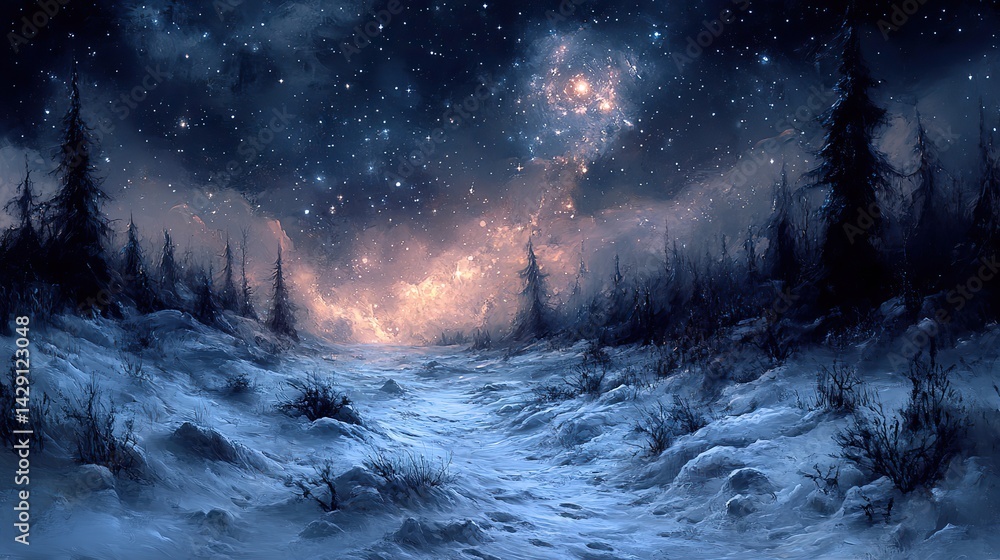 Silvered whispers meander across a landscape of crystallized starlight Silvered whispers meander across a landscape of crystallized starlight