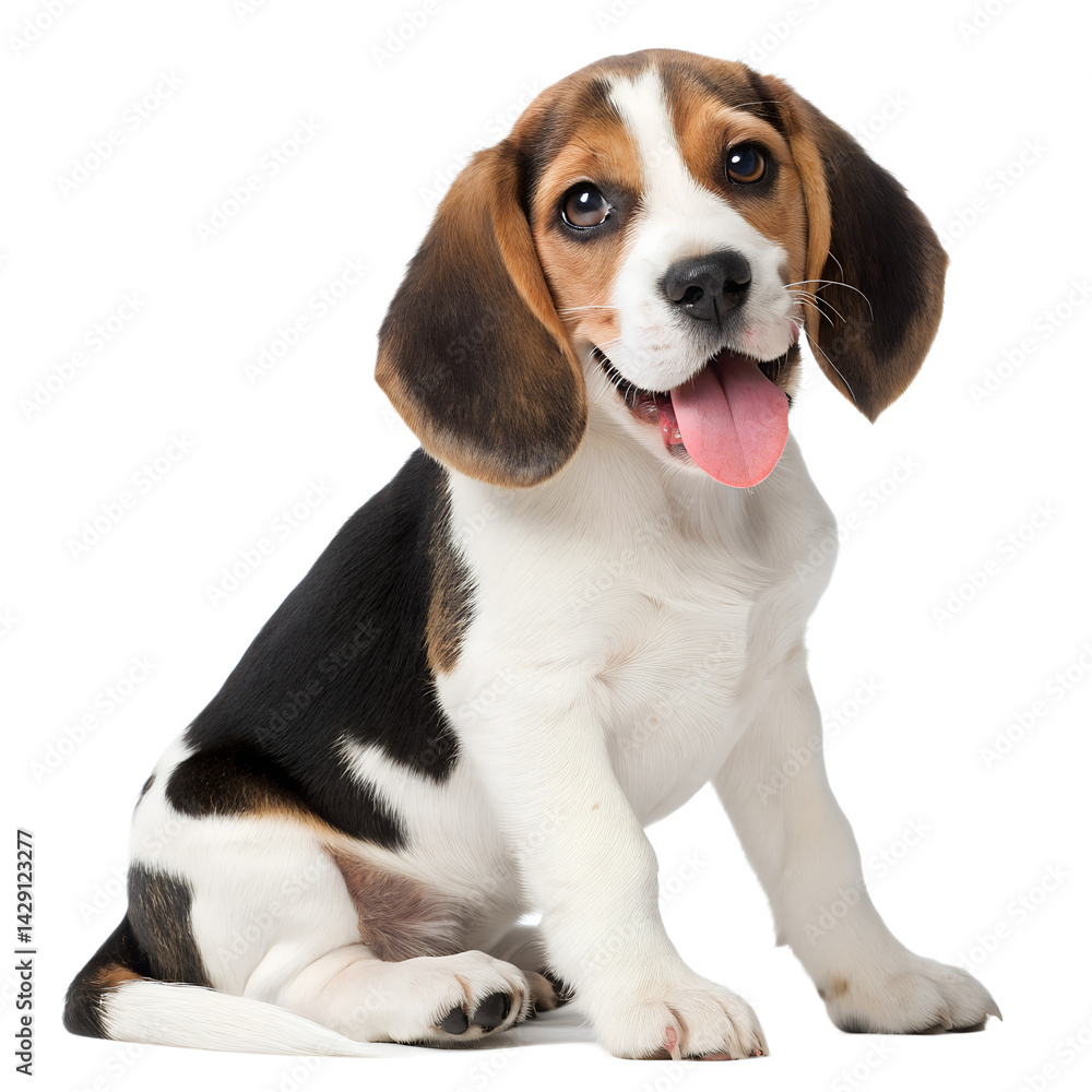 Beagle puppy, sitting pose, white background, tri-color coat, floppy ears, pink tongue out, adorable expression, realistic pet portrait, studio lighting, high detail, sharp focus Beagle puppy, sitting pose, white background, tri-color coat, floppy ears, pink tongue out, adorable expression, realistic pet portrait, studio lighting, high detail, sharp focus