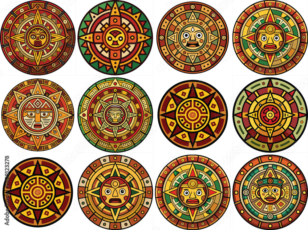 Obraz premium Set of aztec calenda Vector illustration isolated on white background.