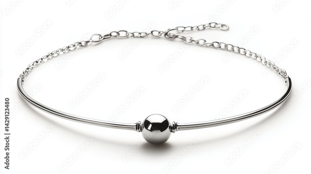 Fototapeta premium Sleek silver choker with single geometric bead, isolated on white background