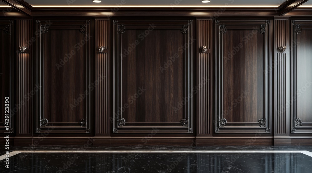 Fototapeta premium Dark wood paneling in a classic interior design. Large framed wall panels, elegant columns, and a marble floor create a sophisticated space