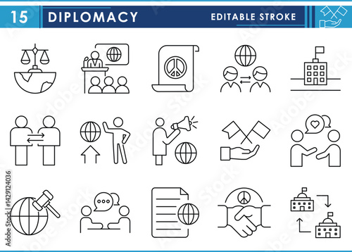 A set of line icons related to Diplomacy. Negotiation, ambassador, politics, mutual respect, alliance, bilateral, and so on. Vector editable stroke.