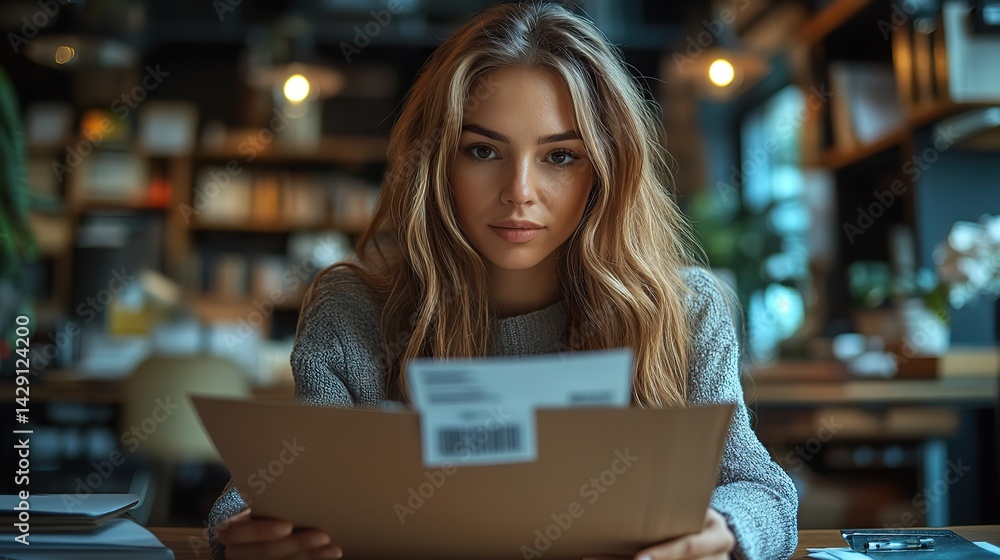 Sitting at a wooden table in an office, a woman manager issues a return package by gluing a sticker with a barcode, a specialist work process and application for sending goods back. Sitting at a wooden table in an office, a woman manager issues a return package by gluing a sticker with a barcode, a specialist work process and application for sending goods back.