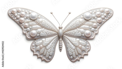 a white butterfly with a unique design, adorned with pearl-like embellishments