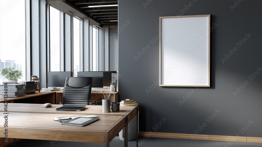 An empty frame on the wall for mockup in a modern dark theme office, with dark grey wall and light brown wooden working desk An empty frame on the wall for mockup in a modern dark theme office, with dark grey wall and light brown wooden working desk