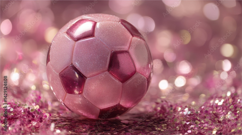 Fototapeta premium Pink soccer ball with sparkling confetti and glitter. photo.
