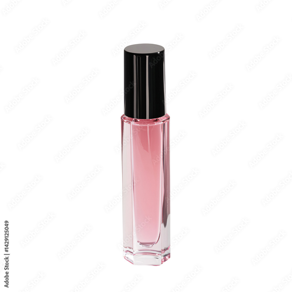 Elegant pink perfume bottle with black cap on transparent background Concept of fragrance, beauty, and luxury Elegant pink perfume bottle with black cap on transparent background Concept of fragrance, beauty, and luxury