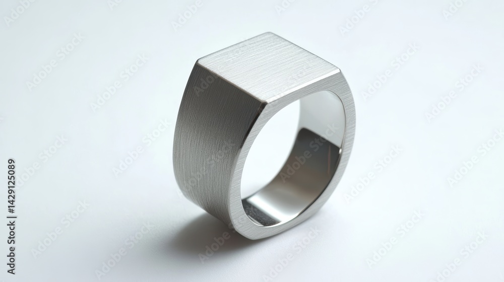 Minimal square ring in brushed platinum, isolated on white background Minimal square ring in brushed platinum, isolated on white background