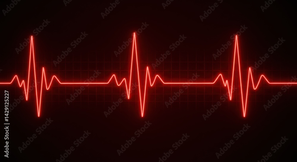Glowing red electrocardiogram waveform pulsing against dark background, symbolizing urgent cardiac activity and high-tech medical precision Glowing red electrocardiogram waveform pulsing against dark background, symbolizing urgent cardiac activity and high-tech medical precision