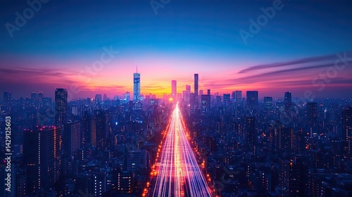 smart city digital transformation development concept band lights over modern urban cityscape at night new fast internet communication 5g technology fiber optics