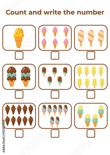 Counting activity for children “How many?” Learn numbers with sweet ice cream A fun educational sheet for early math practice A fun counting game for preschoolers and kindergarteners