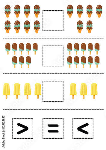 Comparing Numbers with Ice Cream Math Worksheet for Kids Learning More Than, Less Than, Equals A fun educational activity for preschoolers and kindergarteners