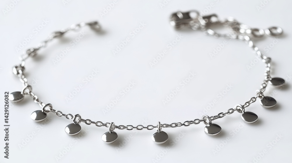 Delicate charm anklet in silver with minimalist icons, isolated on white background Delicate charm anklet in silver with minimalist icons, isolated on white background