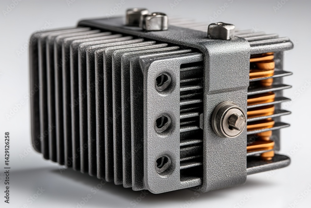 Detailed view of a metal cooling component used in electronic devices showcasing its intricate design and features Detailed view of a metal cooling component used in electronic devices showcasing its intricate design and features
