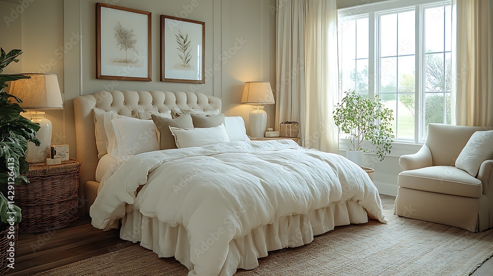 Fototapeta premium Serene bedroom retreat featuring a comfortable bed, soft textiles, natural light, and calming botanical artwork creating a peaceful atmosphere.