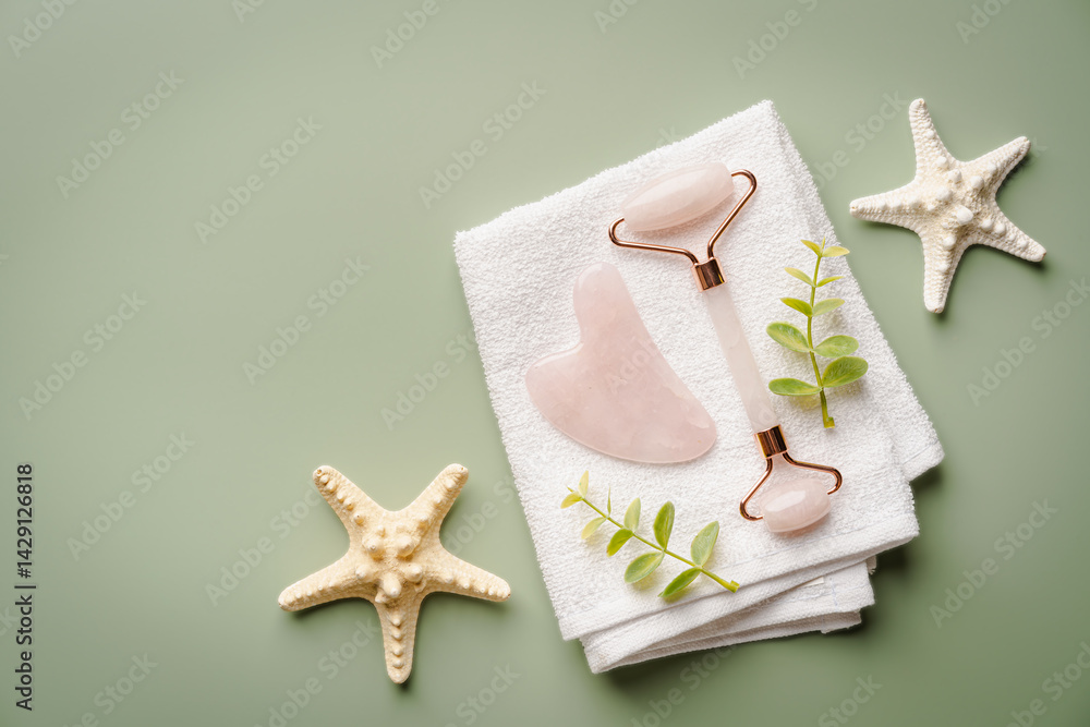 Jade face rollers and Gua sha stones for beauty facial massage therapy, Items for home treatment with Skin Care Anti-Aging Tools on green background, top view