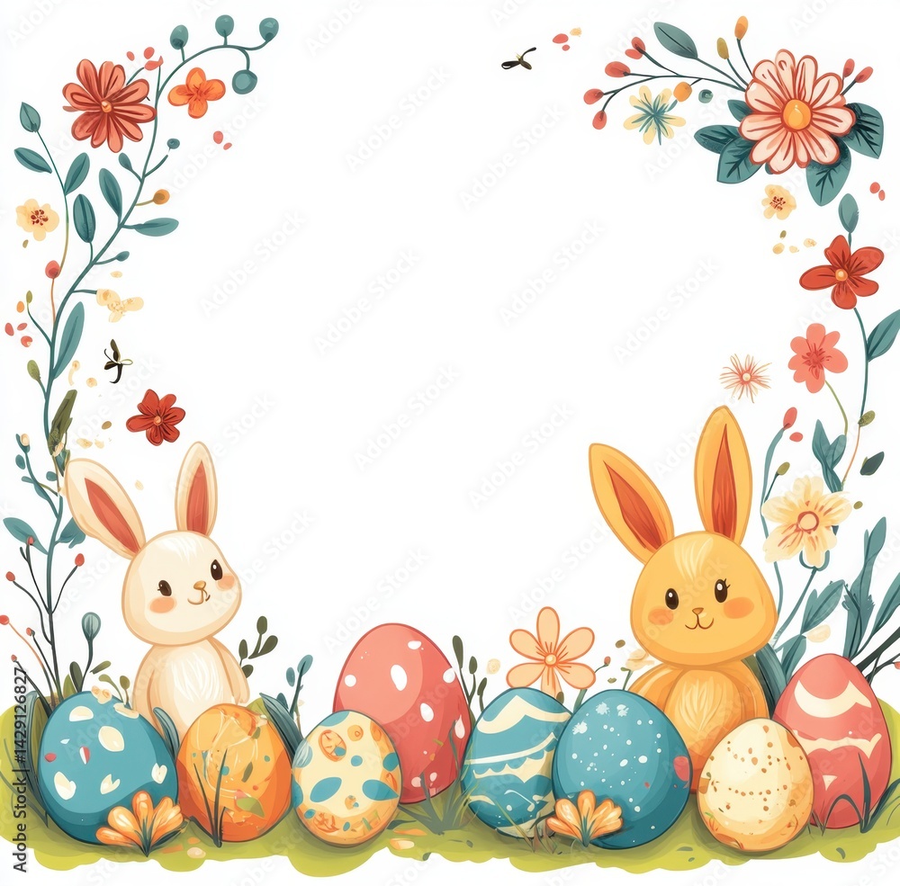 Obraz premium Celebrate Easter with a colorful frame of baby bunnies, flowers, and decorated eggs in charming doodle art style