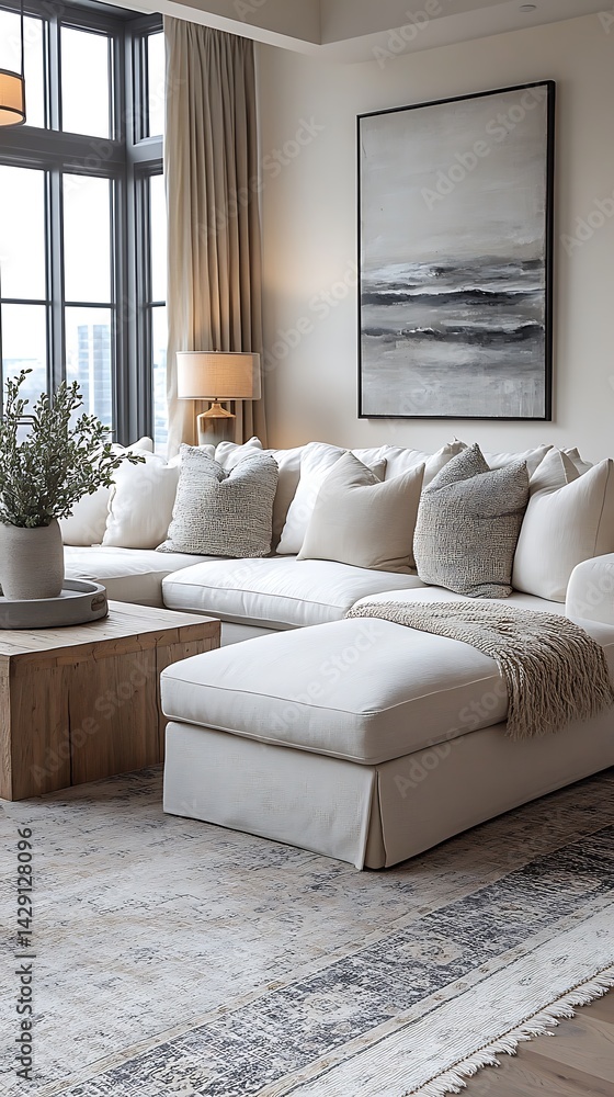 Fototapeta premium Serene Living Space Featuring a Comfortable Couch, Artwork, Natural Light, Wooden Accents, and Stylish DÃ©cor for Modern Interiors.