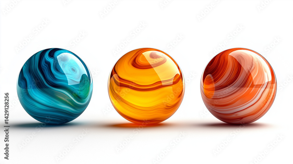 Three glass marbles in vibrant colors of blue, orange, and yellow, showcasing swirling patterns and glossy surfaces, evoke sense of playfulness and creativity Three glass marbles in vibrant colors of blue, orange, and yellow, showcasing swirling patterns and glossy surfaces, evoke sense of playfulness and creativity