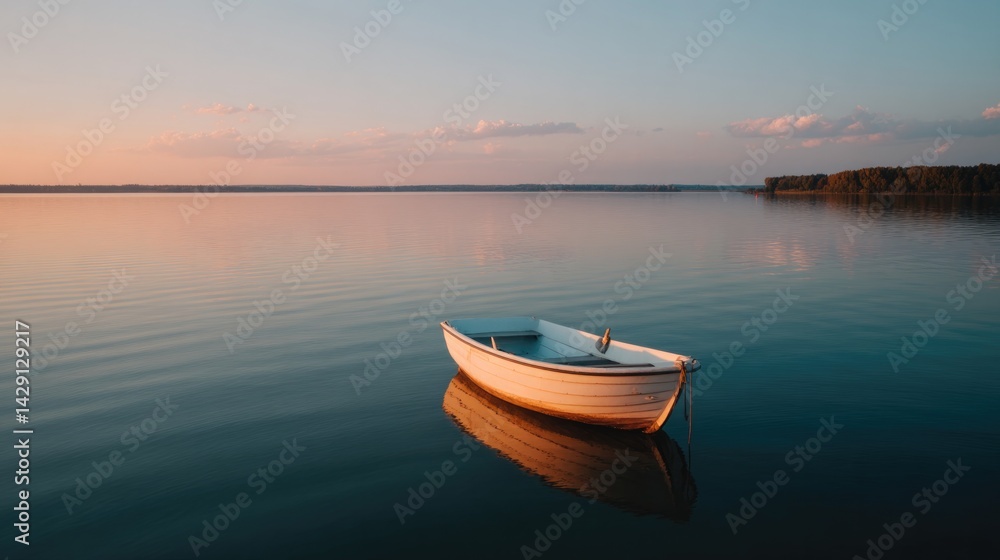 empty rowing boat resting gently on serene lake surface during golden hour empty rowing boat resting gently on serene lake surface during golden hour