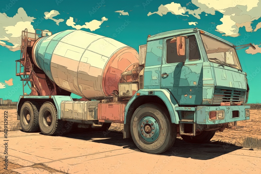 Obraz premium Vintage Cement Mixer Truck Against Blue Sky with Clouds