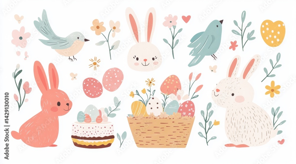 Fototapeta premium Cute bunnies celebrate Easter with cakes, baskets, and cheerful birds in a delightful vector design