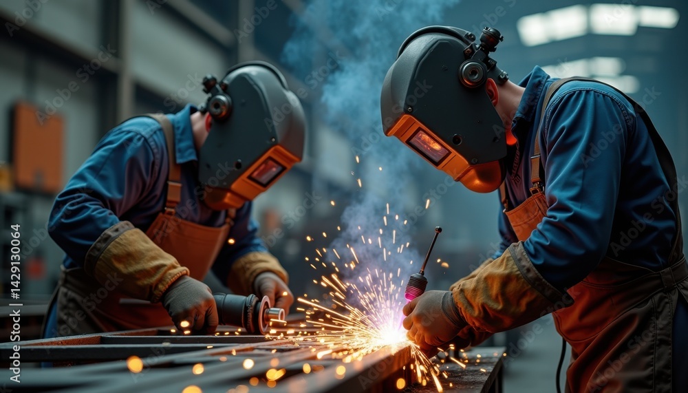Industrial welding team in action with protective gear Industrial welding team in action with protective gear