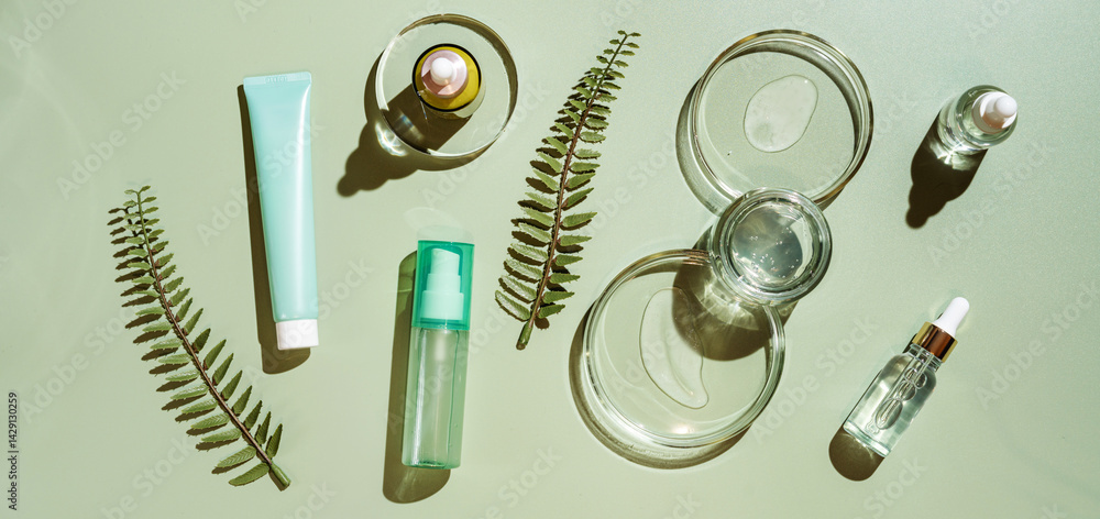 Different glass bottles with serum or oil and cosmetic skin care cream on green background. Trending shadow. Cosmetic mockup. Top view with copy space. Flat lay.