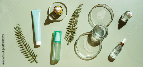 Obraz na płótnie Different glass bottles with serum or oil and cosmetic skin care cream on green background. Trending shadow. Cosmetic mockup. Top view with copy space. Flat lay. w salonie