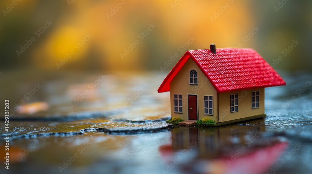A small house model under a red umbrella symbolizes insurance coverage for property and mortgage loan protection A small house model under a red umbrella symbolizes insurance coverage for property and mortgage loan protection