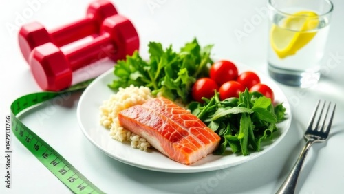 fresh salmon fillet with leafy greens and cherry tomatoes on white plate next to red dumbbells, measuring tape and lemon water glass, cdiet planning, wellness coaching, healthy lifestyle branding