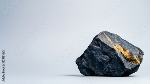 large rock with textured surface and golden streaks sits prominently against soft, light background, showcasing its natural beauty and unique features