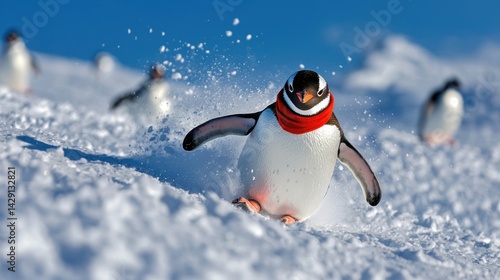 A penguin is sliding down a snowy hill