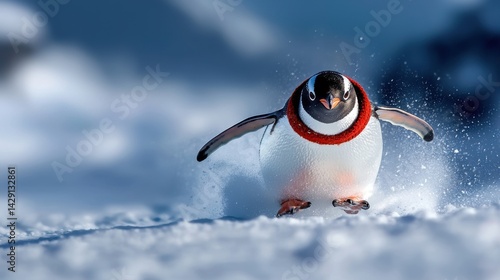 A penguin is running through the snow with a red and white scarf around its neck