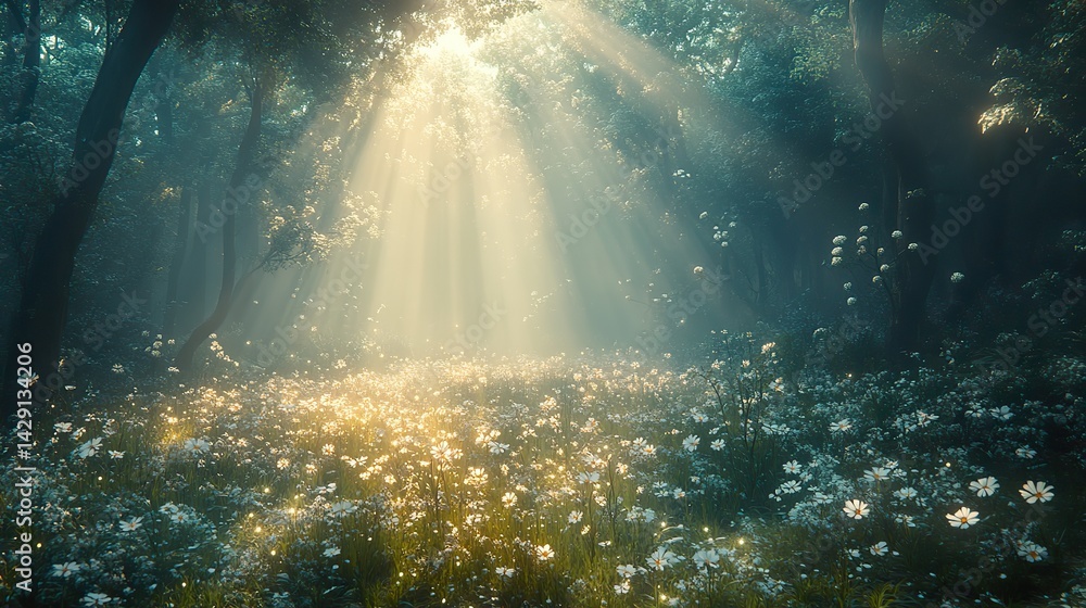 Obraz premium Strange, glowing flora and fauna inhabit a hidden valley bathed in ethereal light