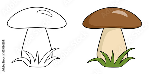 Mushroom for children's coloring book. Coloring page for children. White mushroom with a brown cap in the grass. Vector illustration.