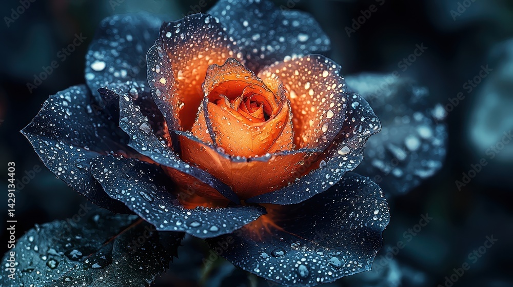 Close-up of a vibrant orange rose covered in dew against a dark background Close-up of a vibrant orange rose covered in dew against a dark background